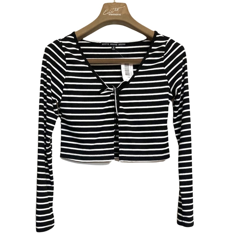 MED•NWT•HYFVE•B&W STRIPED TIE CROPPED CARDIGAN•